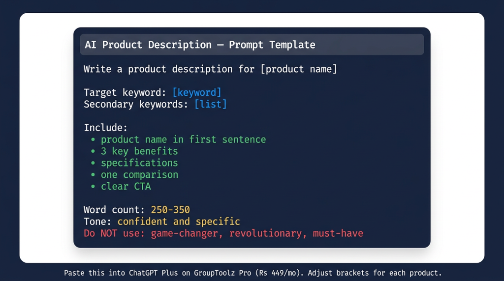 AI product description prompt template for ChatGPT showing how to generate ecommerce copy that ranks
