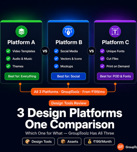 Envato Elements vs Freepik vs Creative Fabrica comparison showing all three design platforms available on GroupToolz Starter plan from Rs 199 per month