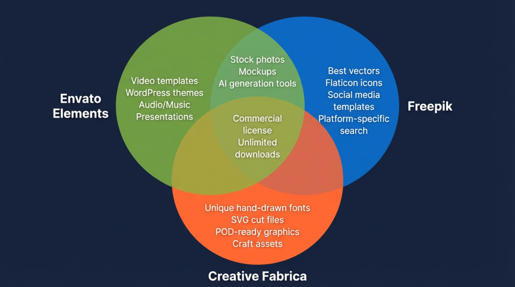 Venn diagram of Envato Elements vs Freepik vs Creative Fabrica showing unique and shared strengths
