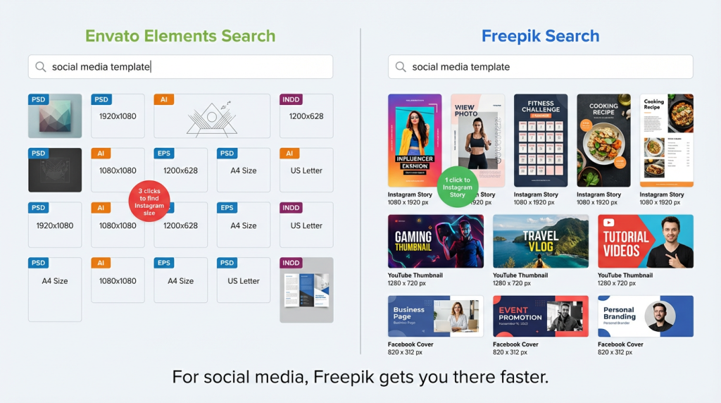 Envato Elements vs Freepik search experience for social media showing Freepik's platform-based search is faster
