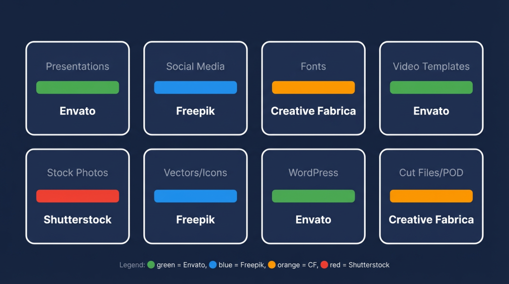Quick reference showing Envato Elements vs Freepik vs Creative Fabrica for different design tasks