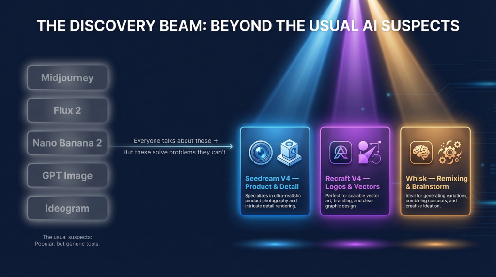 Three hidden gem AI image generators most people overlook: Seedream V4, Recraft V4, and Whisk