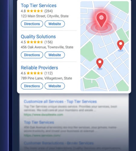 Local SEO for Google Maps guide showing the local 3-pack with business listings and map pins