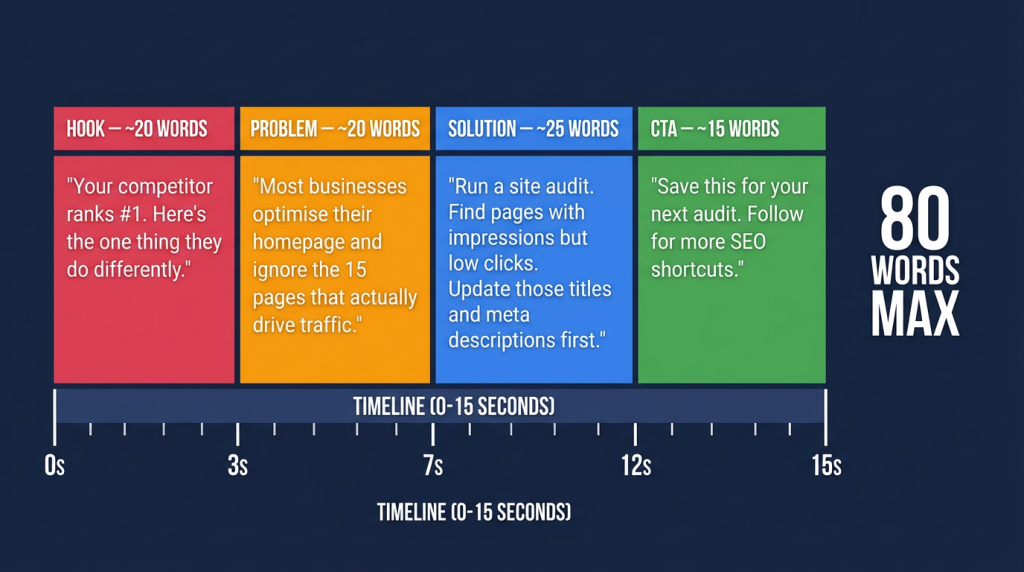 Anatomy of a 15-second Reel script showing how to make Instagram Reels with AI tools using the 80-word formula