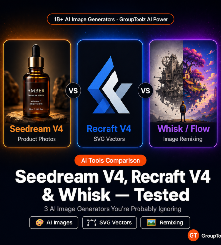 Seedream V4 vs Recraft V4 vs Whisk AI image generator comparison — product photos, SVG vectors and image remixing tools available on GroupToolz AI Power plan