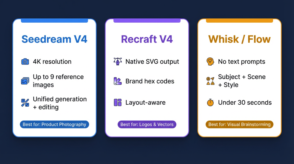 Seedream V4 vs Recraft V4 vs Whisk AI image generator feature comparison at a glance
