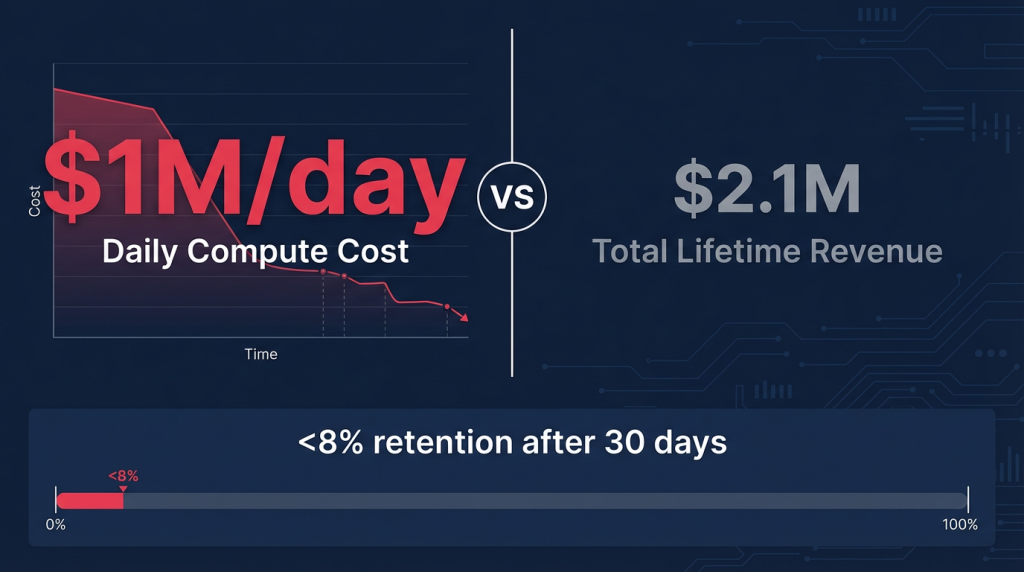 Sora 2 financial breakdown showing $1 million daily costs vs $2.1 million total revenue