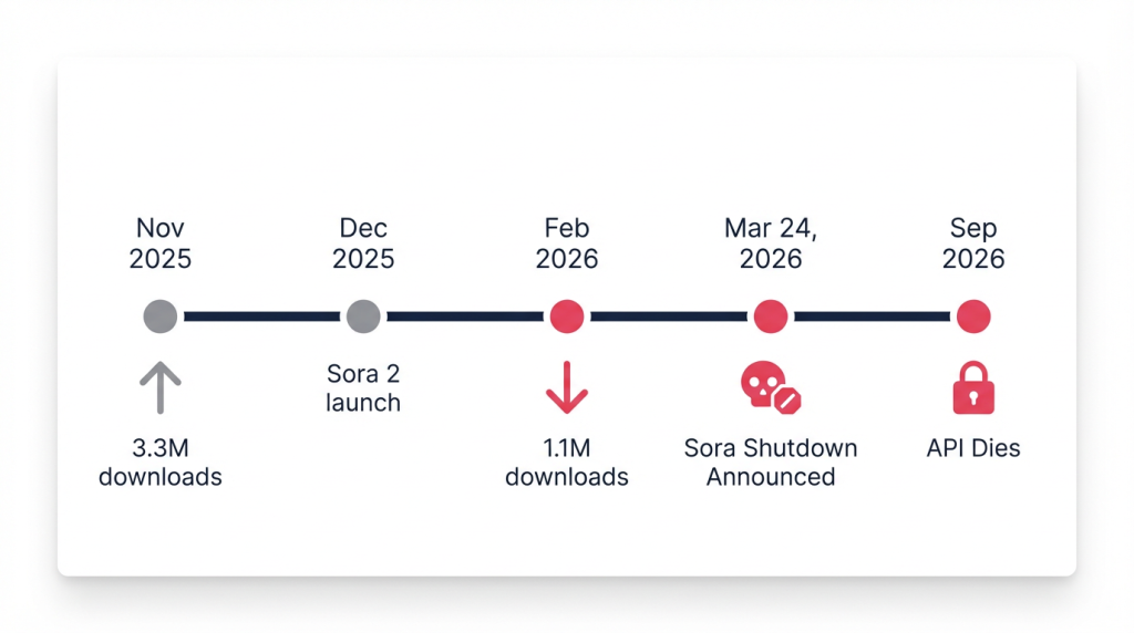 Timeline showing AI video generator market changes from November 2025 to May 2026
