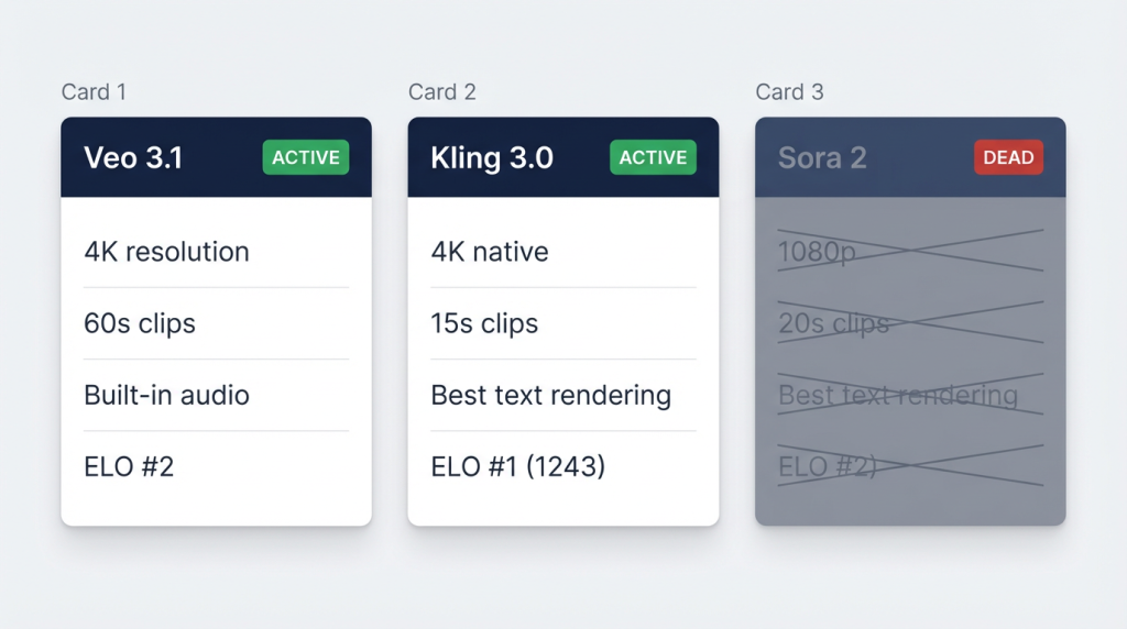 Side-by-side comparison cards for Veo 3.1, Kling 3.0, and Sora 2 AI video generators

