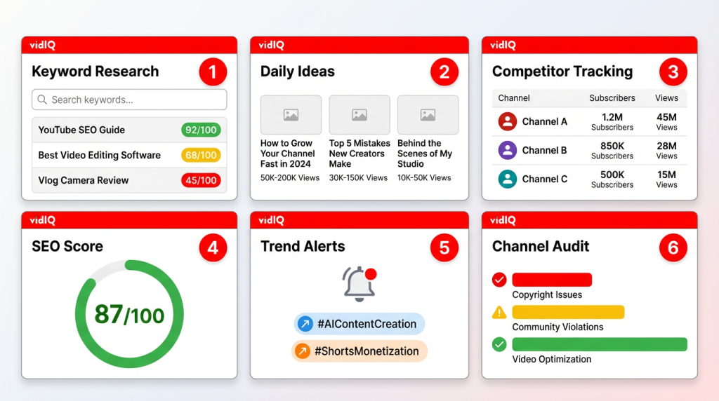 VidIQ group buy features overview showing all 6 major tools in the YouTube SEO toolkit
