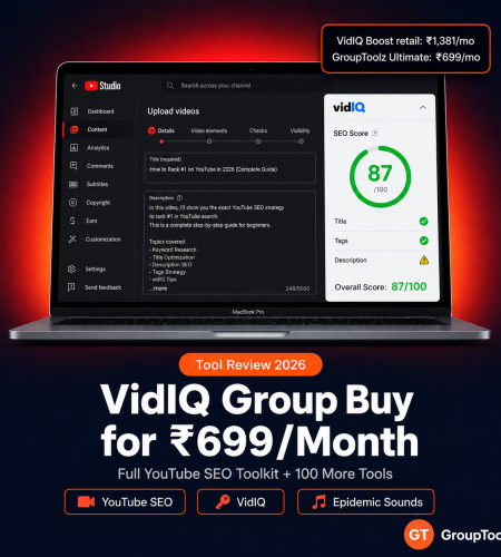 VidIQ group buy on GroupToolz showing YouTube Studio SEO scorecard overlay with 87 score — full YouTube toolkit for Rs 699 per month