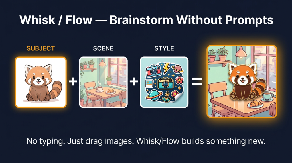 Whisk AI image generator showing visual remixing workflow: subject plus scene plus style equals new output
