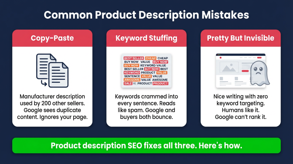Three common product description SEO mistakes that make ecommerce pages invisible to Google
