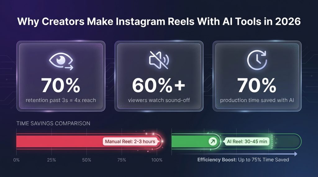 Stats showing why you should make Instagram Reels with AI tools: faster production and higher retention