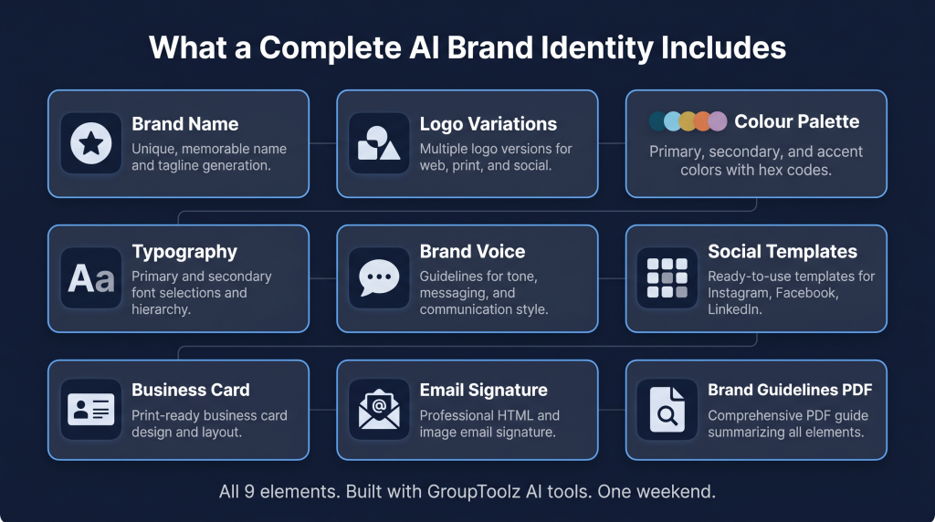 Complete AI brand identity system showing all 9 elements from logo to brand guidelines
