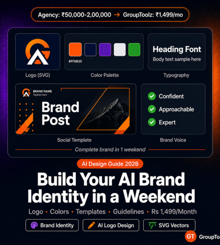 AI brand identity building with GroupToolz showing complete brand system including logo color palette typography and social templates using Recraft V4 Canva Pro and Claude AI for Rs 1499 per month