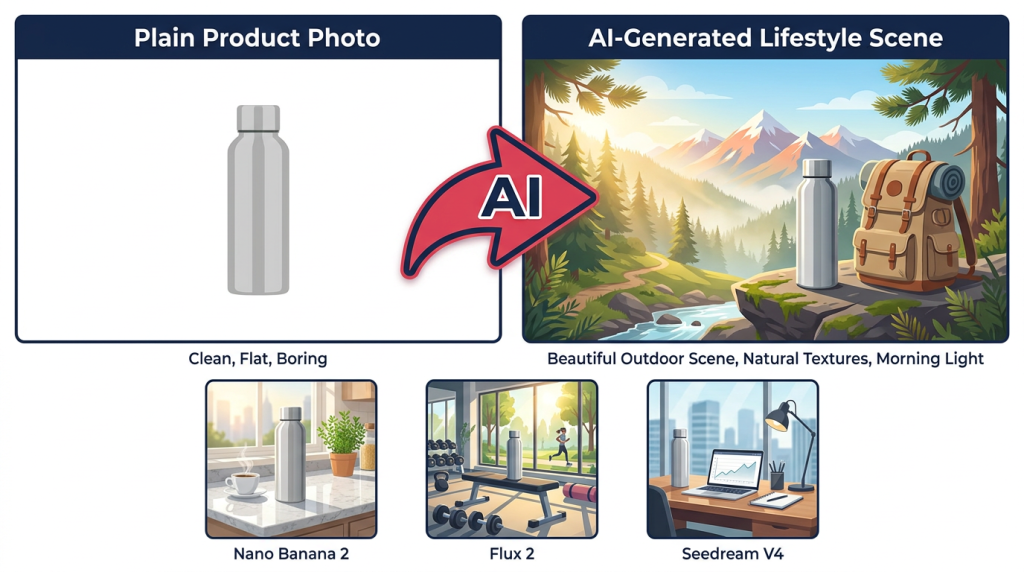 AI-generated product photo examples Nano Banana 2 and Flux 2 for ecommerce ai product photography