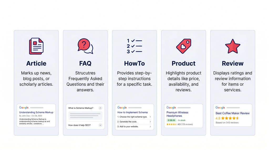 Five schema types every website needs comparison chart showing Article FAQ HowTo Product Review
schema markup