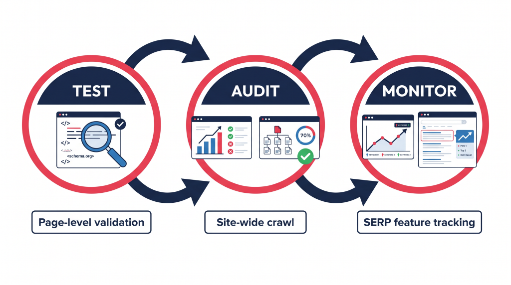 Testing schema with GroupToolz SEMrush Serpstat Seobility audit monitoring workflow
