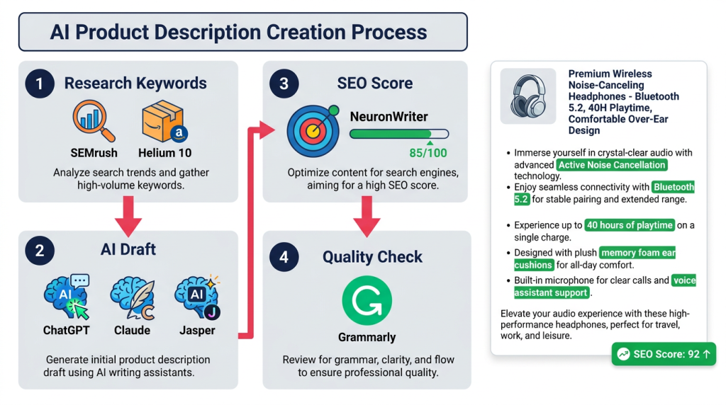 AI ad copy generator and product description workflow using ChatGPT Jasper NeuronWriter
