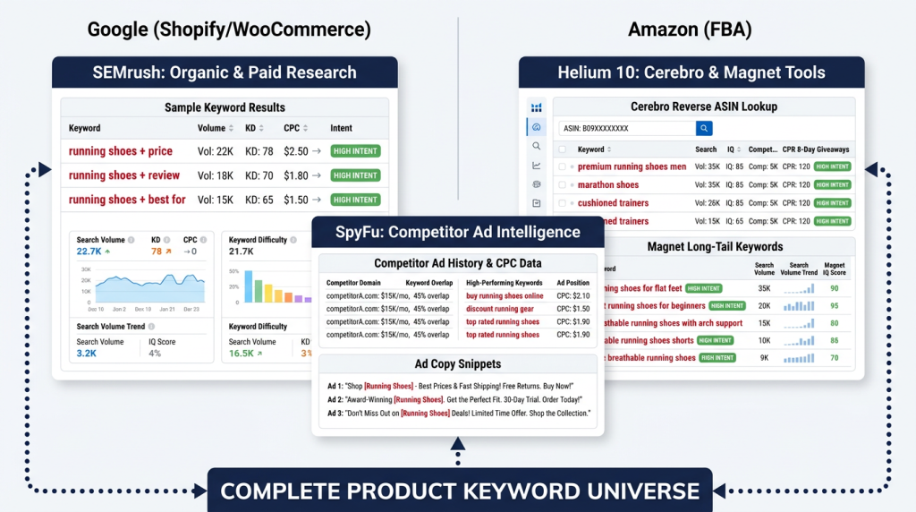 Ecommerce AI automation keyword research SEMrush Helium 10 SpyFu for Shopify Amazon sellers
