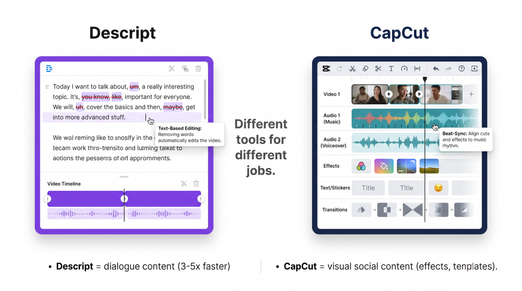 CapCut vs Descript comparison for social media editing best ai video editor 2026
