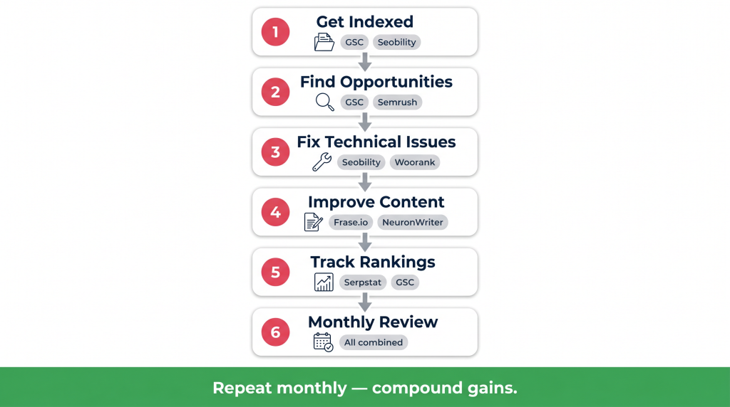 6-step Google Search Console GroupToolz workflow indexing strategy GSC to rankings diagram
