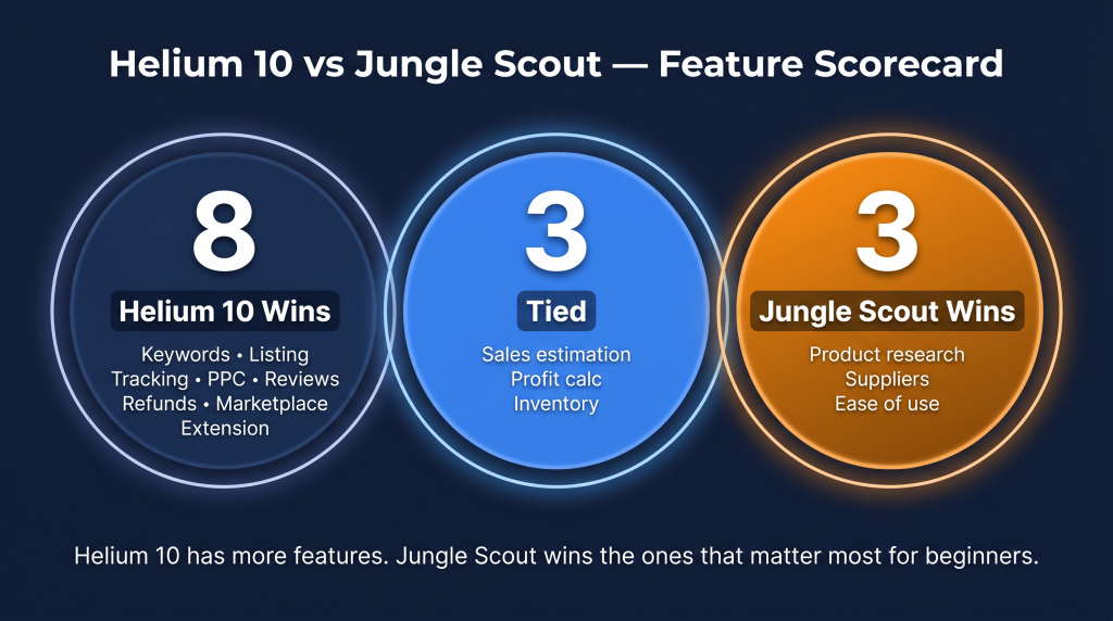 Helium 10 vs Jungle Scout scorecard showing Helium 10 wins 8 features and Jungle Scout wins 3
