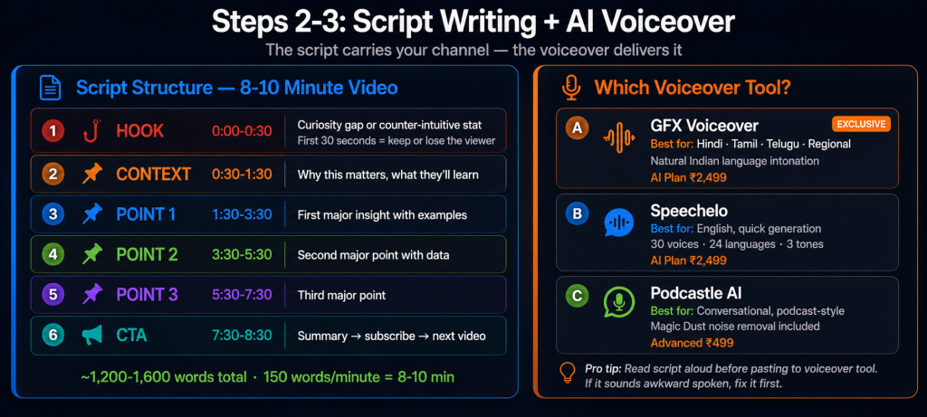 Faceless YouTube channel AI video generation workflow showing Kling 3.0 for 15 second cinematic clips and Hindi characters Veo 3.1 for text in scene and audio sync Hailou 2.3 for fast concept testing and Storyblocks for establishing shots with the strategy to test on Hailou then render finals on Kling or Veo