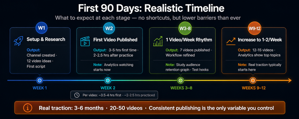 Faceless YouTube channel 90-day roadmap showing Week 1 setup and research producing 12 video ideas then Week 2 first video published at 3-5 hours then Weeks 3-8 publishing one video per week and Weeks 9-12 increasing to 1-2 videos per week with real traction expected after 3-6 months and 20-50 videos
faceless youtube channel ai tools