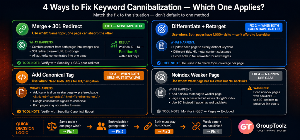 Keyword cannibalization priority matrix showing P1 fix this week for high traffic commercial pages and alternating GSC pages P2 fix this month for pillar versus cluster and category versus product conflicts and P3 lower priority for informational blog overlaps