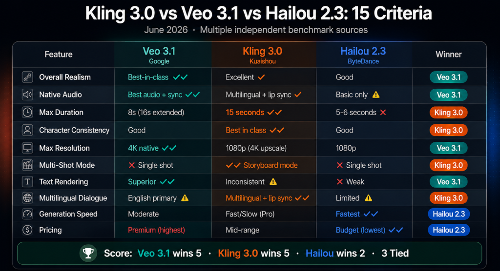 Kling 3.0 vs Veo 3.1 vs Hailou 2.3 head to head comparison table showing 15 criteria with Veo winning 5 categories including audio and 4K Kling winning 5 including duration and multilingual and Hailou winning 2 on speed and price
kling 3 vs veo 3 ai video 2026