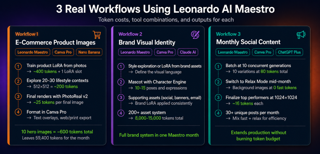 Leonardo AI Maestro 3 real workflows showing e-commerce product image system using product LoRA training brand visual identity system with Character Engine and monthly social media content production using Relax Mode to extend token budget all available on GroupToolz
