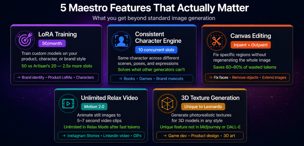Leonardo AI Maestro 5 key features showing LoRA Training with 50 monthly slots Consistent Character Engine for same character across scenes Canvas editing for inpaint and outpaint Unlimited Motion 2.0 video and unique 3D texture generation not available in Midjourney or DALL-E