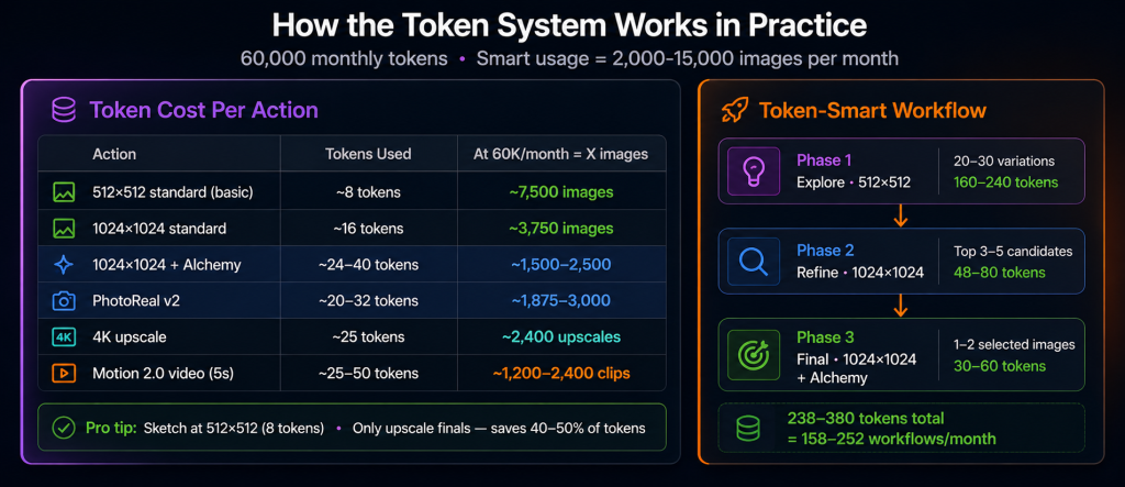 Leonardo AI Maestro token cost breakdown showing 512x512 images cost 8 tokens for 7500 images versus 1024x1024 at 16 tokens alongside a 3-phase token-smart workflow of explore at low quality then refine then final render using 238-380 tokens per complete production workflow