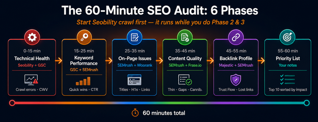 60-minute SEO audit timeline showing 6 phases: Phase 1 Technical Health 0-15 minutes with Seobility, Phase 2 Keywords 15-25 minutes with GSC and SEMrush, Phase 3 On-Page 25-35 minutes, Phase 4 Content 35-45 minutes, Phase 5 Backlinks 45-55 minutes and Phase 6 Priority List 55-60 minutes