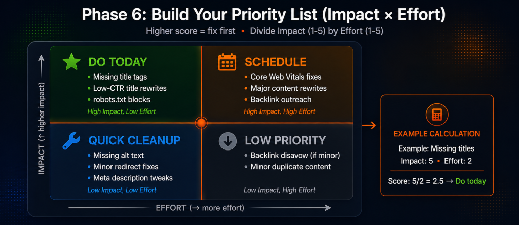 SEO audit priority matrix showing Impact versus Effort scoring with Do Today quadrant for high impact low effort issues like missing title tags Schedule quadrant for high impact high effort like Core Web Vitals fixes Quick Cleanup for low impact easy fixes and Low Priority for minor issues