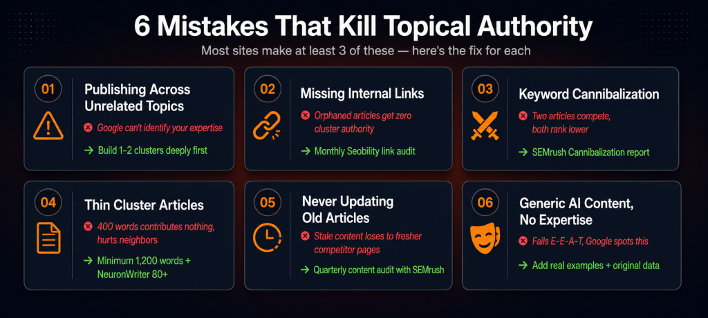 6 mistakes that kill topical authority SEO including publishing unrelated topics missing internal links keyword cannibalization thin articles never updating and generic AI content each with specific fixes using GroupToolz tools
