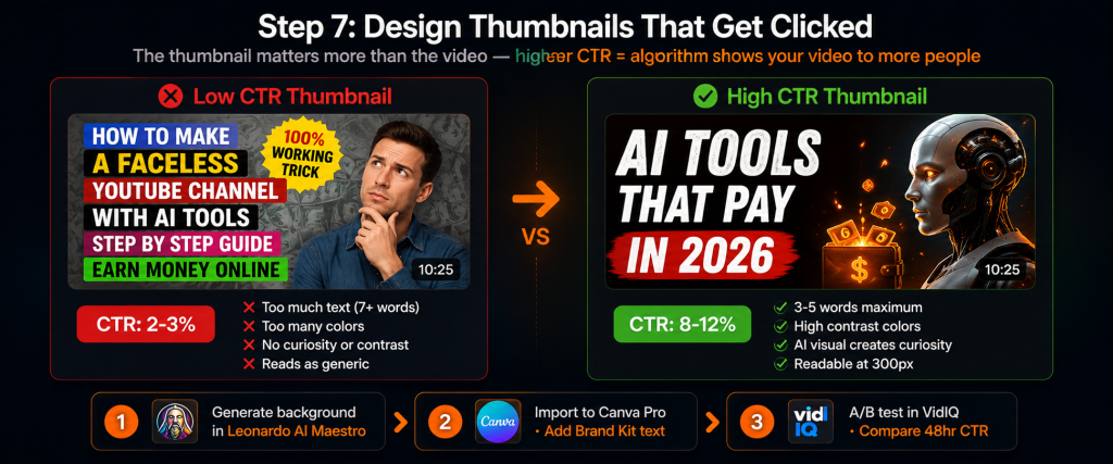 YouTube thumbnail design comparison for faceless channels showing low CTR thumbnail with too much text and many colors at 2-3 percent CTR versus high CTR thumbnail with 3-5 bold words and AI generated visual at 8-12 percent CTR created using Leonardo AI Maestro Canva Pro and tested in VidIQ