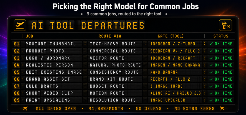 AI tools job router styled as departure board showing 9 common jobs routed to tools including YouTube thumbnails to Ideogram or Z Image Turbo product photos to Seedream or Flux 2 logos to Ideogram or Recraft realistic people to Imagen or Nano Banana and video clips to Kling AI or Hailuo 2.3 all available in the Rs 1999 AI Plan