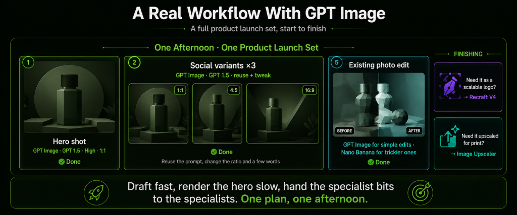 GPT Image real workflow producing a full product launch set in one afternoon including a hero shot rendered on GPT 1.5 High three social variants drafted quickly on GPT 1.5 by reusing the prompt and changing ratios and an edit to an existing photo handed to Nano Banana for trickier work plus Recraft V4 for a scalable logo and the Image Upscaler for print