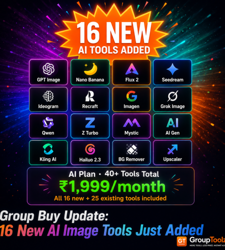 GroupToolz AI Plan update announcing 16 new AI image and video tools added including GPT Image Nano Banana Flux 2 Seedream Ideogram Recraft Kling AI and Hailuo 2.3 bringing the total to 40 plus AI tools all included in the Rs 1999 per month AI Plan