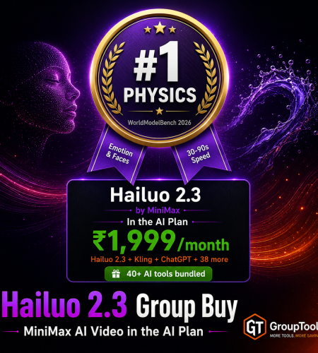 Hailuo 2.3 group buy showing MiniMax AI video model as WorldModelBench Physics Champion with emotion and faces specialty and 30-90 second fast generation bundled inside GroupToolz AI Plan at Rs 1999 per month alongside Kling ChatGPT Plus and 38 more AI tools