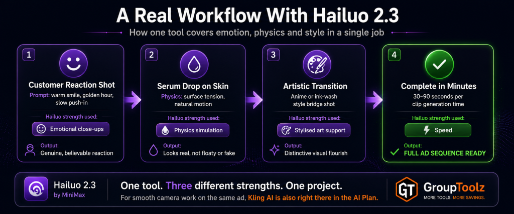 Hailuo 2.3 real workflow for a skincare ad showing one tool handling emotional customer reaction shot with close-up expressions physics accurate serum drop on skin stylised anime transition and fast 30-90 second rendering all in a single project demonstrating Hailuo versatility within the GroupToolz AI Plan