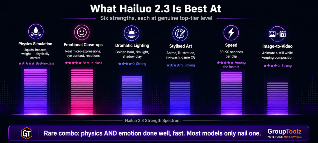Hailuo 2.3 strength spectrum shown as equalizer bars displaying physics simulation and emotional close-ups as best-in-class strengths alongside strong dramatic lighting stylised anime art fast 30-90 second speed and image-to-video capability all available in the GroupToolz AI Plan