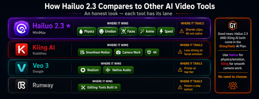Hailuo 2.3 versus Kling AI Veo 3 and Runway comparison showing Hailuo 2.3 winning on physics emotion faces anime and speed Kling winning on smoothest motion and 4K Veo 3 winning on realism and native audio and Runway winning on built-in editing tools with both Hailuo and Kling available together in the GroupToolz AI Plan