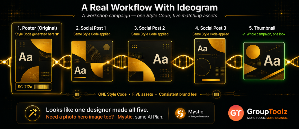 Ideogram real workflow showing a workshop campaign with one Style Code connecting five matching assets including original poster three social media variants and a thumbnail all sharing consistent gold and amber palette demonstrating brand consistency achieved through Ideogram Style Codes within the GroupToolz AI Plan