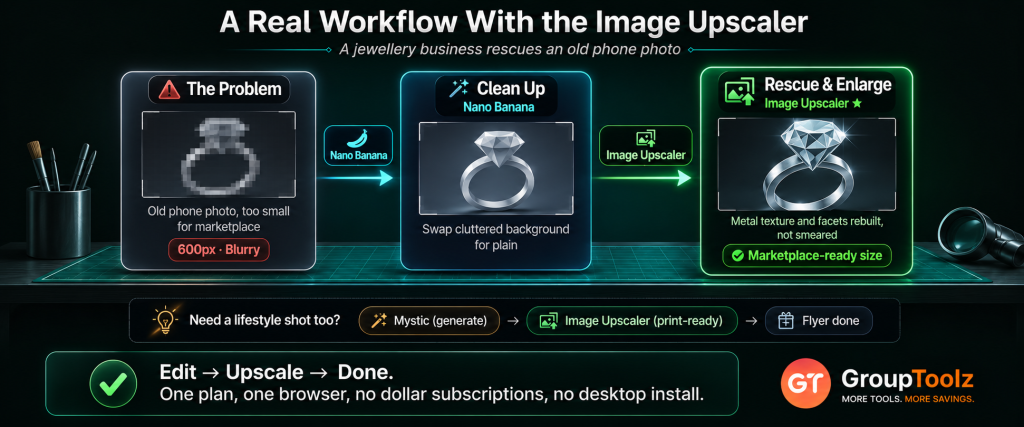 Image Upscaler real workflow rescue workbench showing a jewellery business fixing a blurry 600px phone photo by cleaning up the background with Nano Banana then rescuing and enlarging with the Image Upscaler to rebuild metal texture and facets for a marketplace-ready sharp image all within one GroupToolz AI Plan