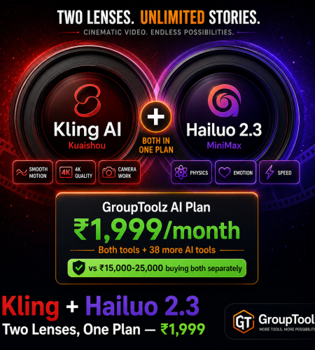 Kling AI and Hailuo 2.3 combo group buy showing both top AI video generators in one GroupToolz AI Plan at Rs 1999 per month like two camera lenses with Kling specializing in smooth motion 4K and camera work and Hailuo 2.3 specializing in physics emotion and speed versus Rs 15000-25000 buying both separately in USD credits