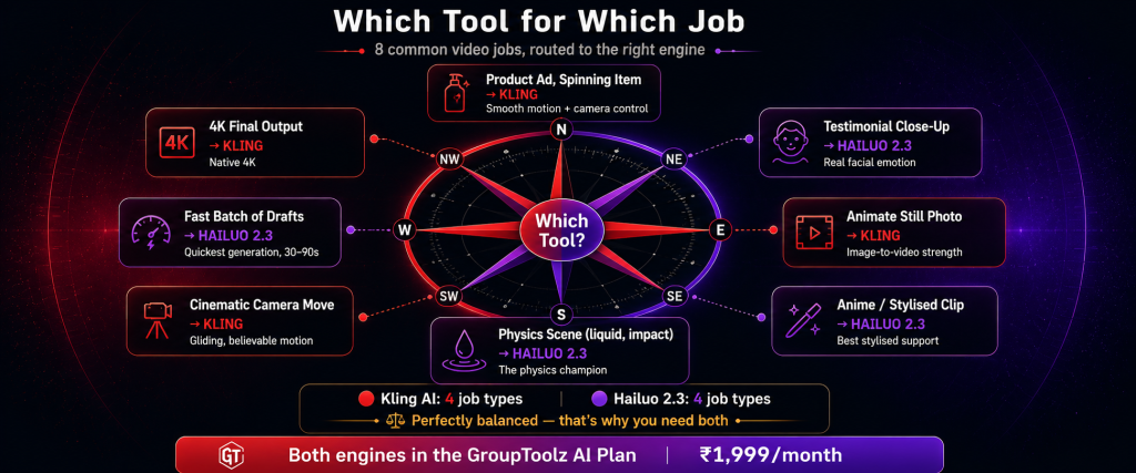 Job routing compass showing which AI video tool to use for 8 common jobs with Kling AI recommended for product ads animating photos cinematic camera moves and 4K output while Hailuo 2.3 is recommended for testimonial close-ups anime stylised clips physics scenes and fast draft batches both available in GroupToolz AI Plan